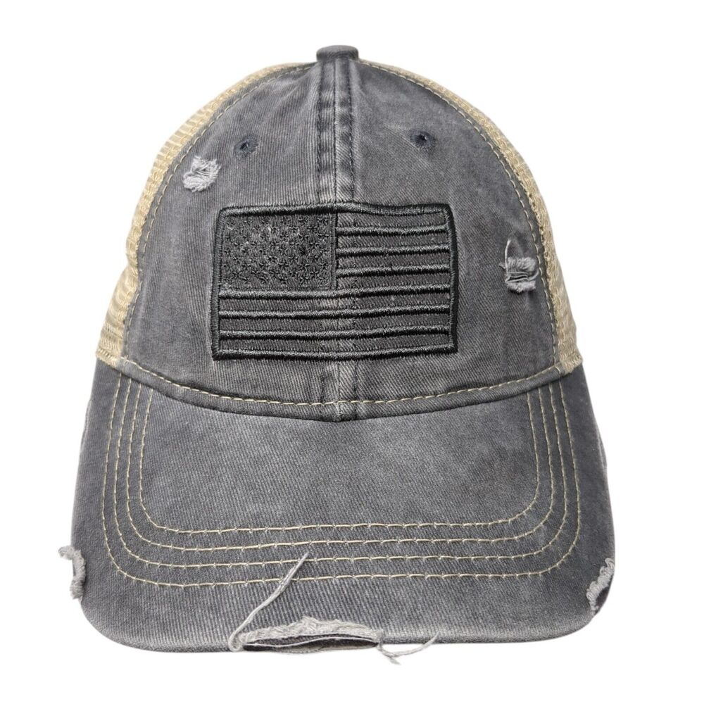 C.C Exclusives Strapback Trucker Hat Gray One Size Ponytail USA Flag